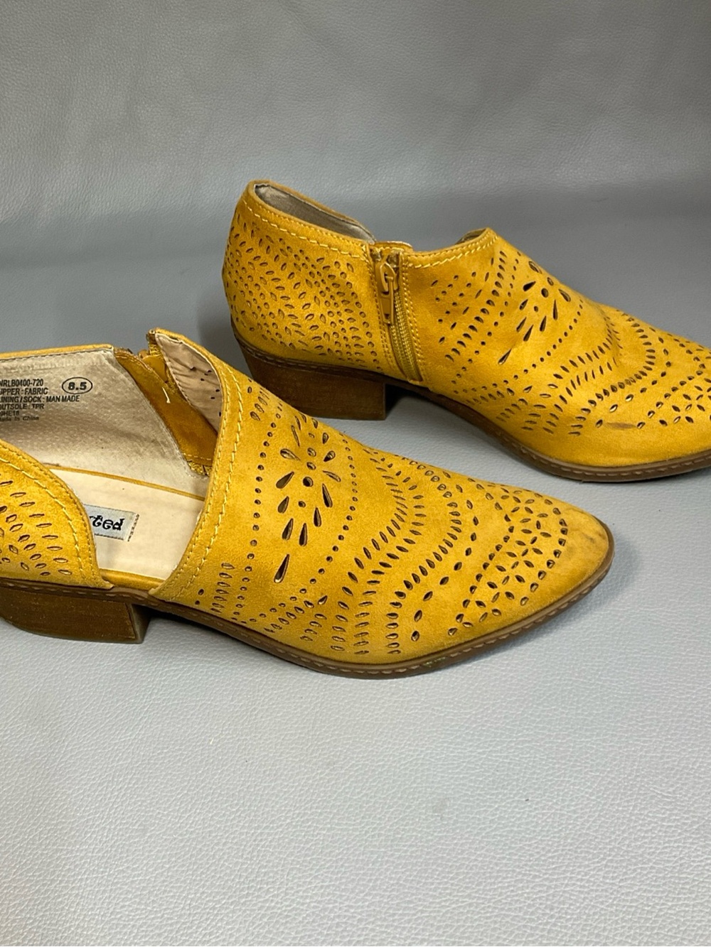 Not Rated Mustard Suede Perforated Ankle Booties with Side Zip